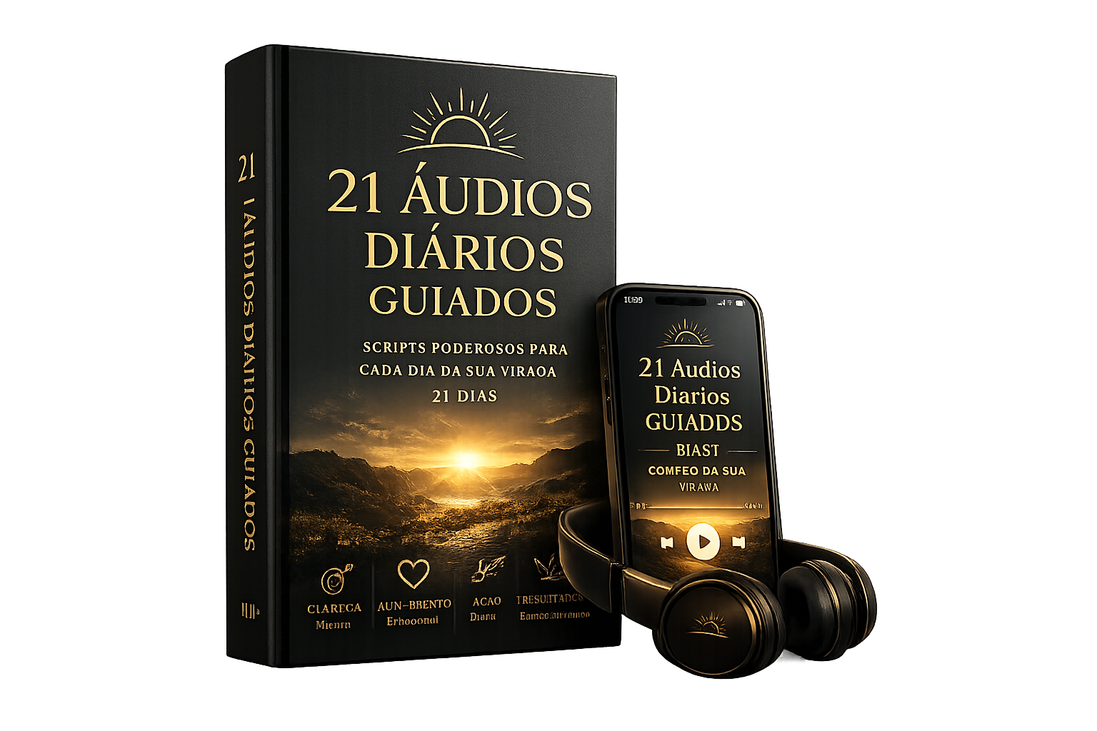 Box dos 21 Áudios Diários Guiados do Protocolo da Virada, com player no celular e fones.